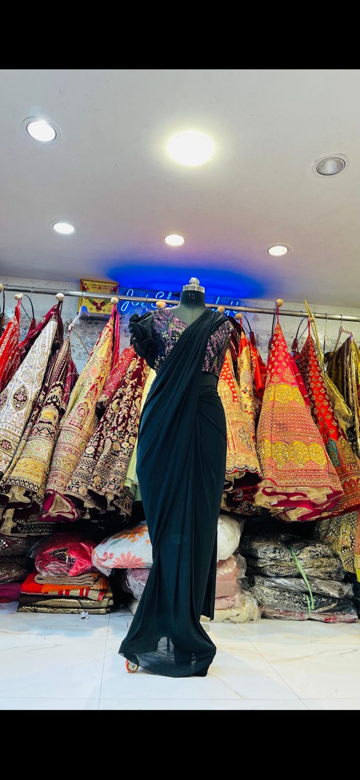 Black Ready-to-Wear Saree Gown – Multi-Color Sequin Blouse with Ruffled Sleeves
