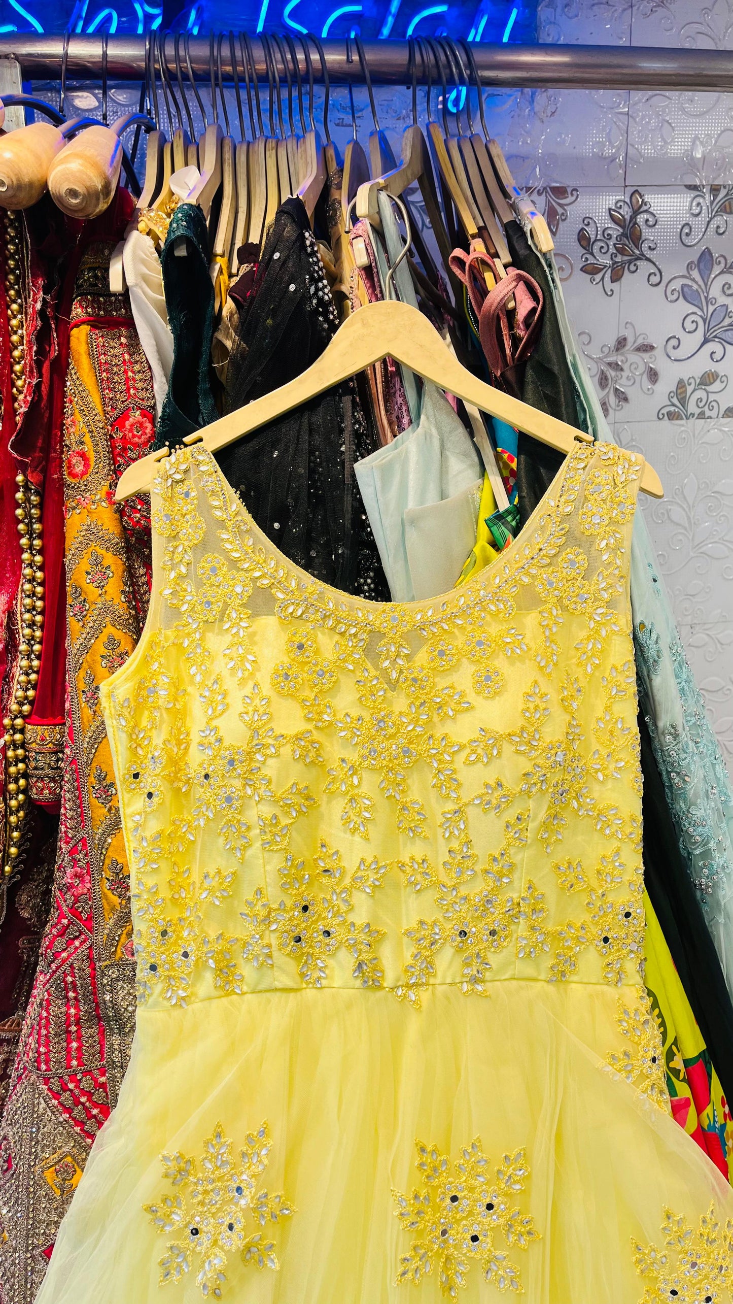 Radiant Lemon Yellow Tulle Gown with Sparkling Mirror Work & Floral Embroidery – Ideal for Haldi & Sangeet