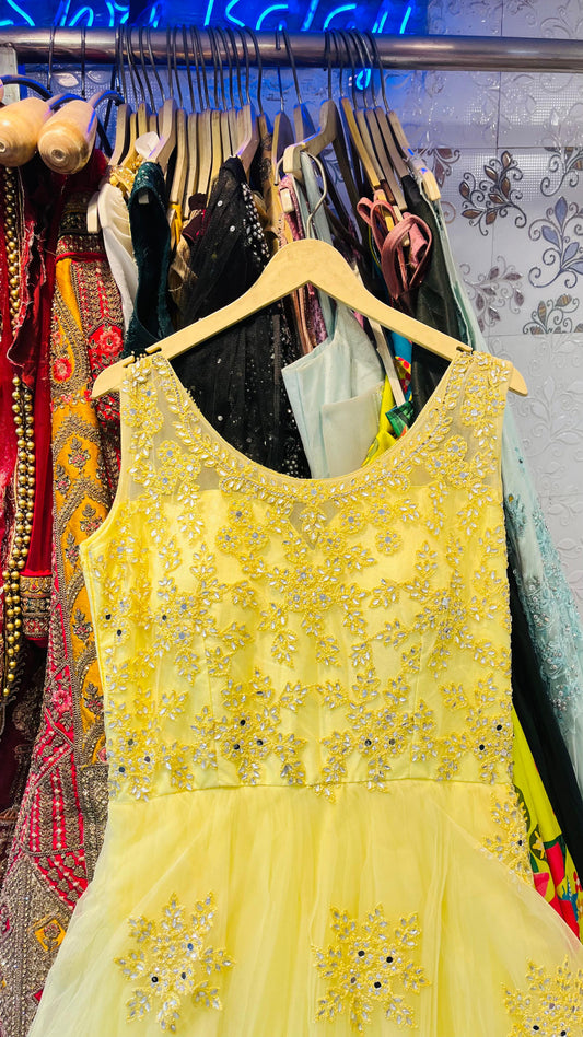 Radiant Lemon Yellow Tulle Gown with Sparkling Mirror Work & Floral Embroidery – Ideal for Haldi & Sangeet