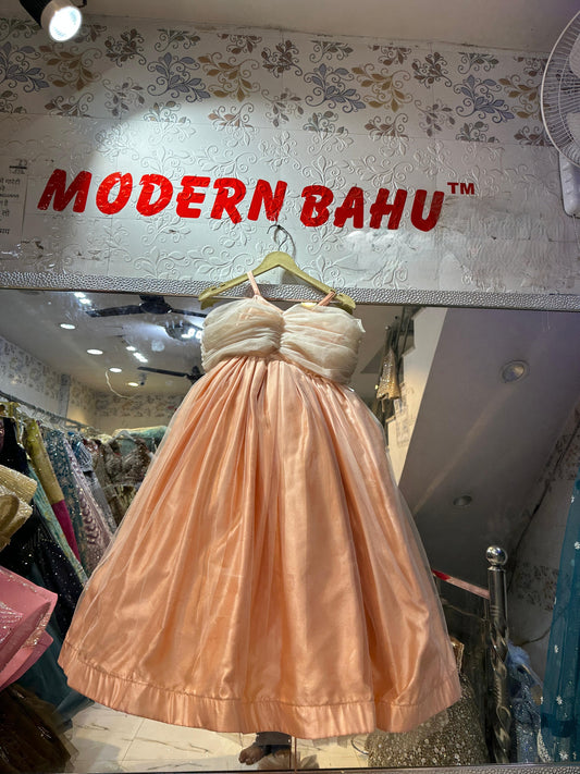 Dreamy Peach Satin & Tulle Kids Ball Gown with Ruched Bodice – Princess Birthday Wear