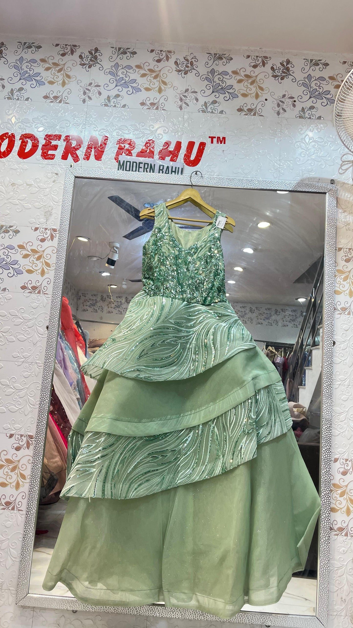 Radiant Mint Green Tiered Sequin Gown | Sleeveless Layered Party Wear Dress