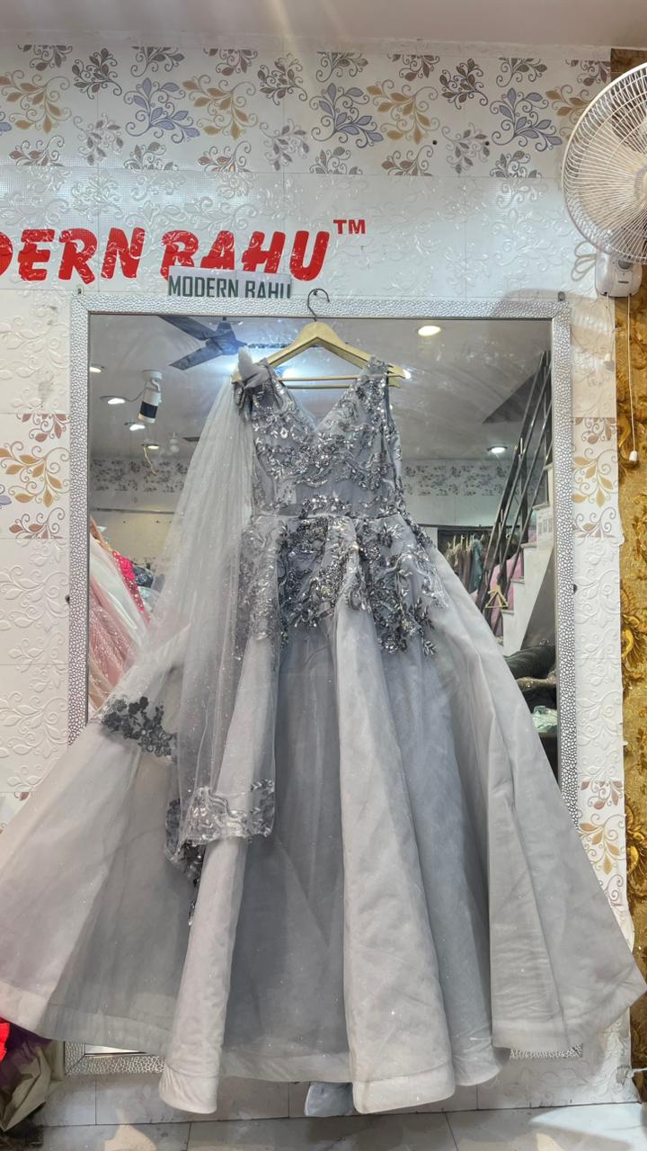 Silver Grey 3D Floral Embroidered Ball Gown | Designer Net Party Wear Dress with Attached Drape