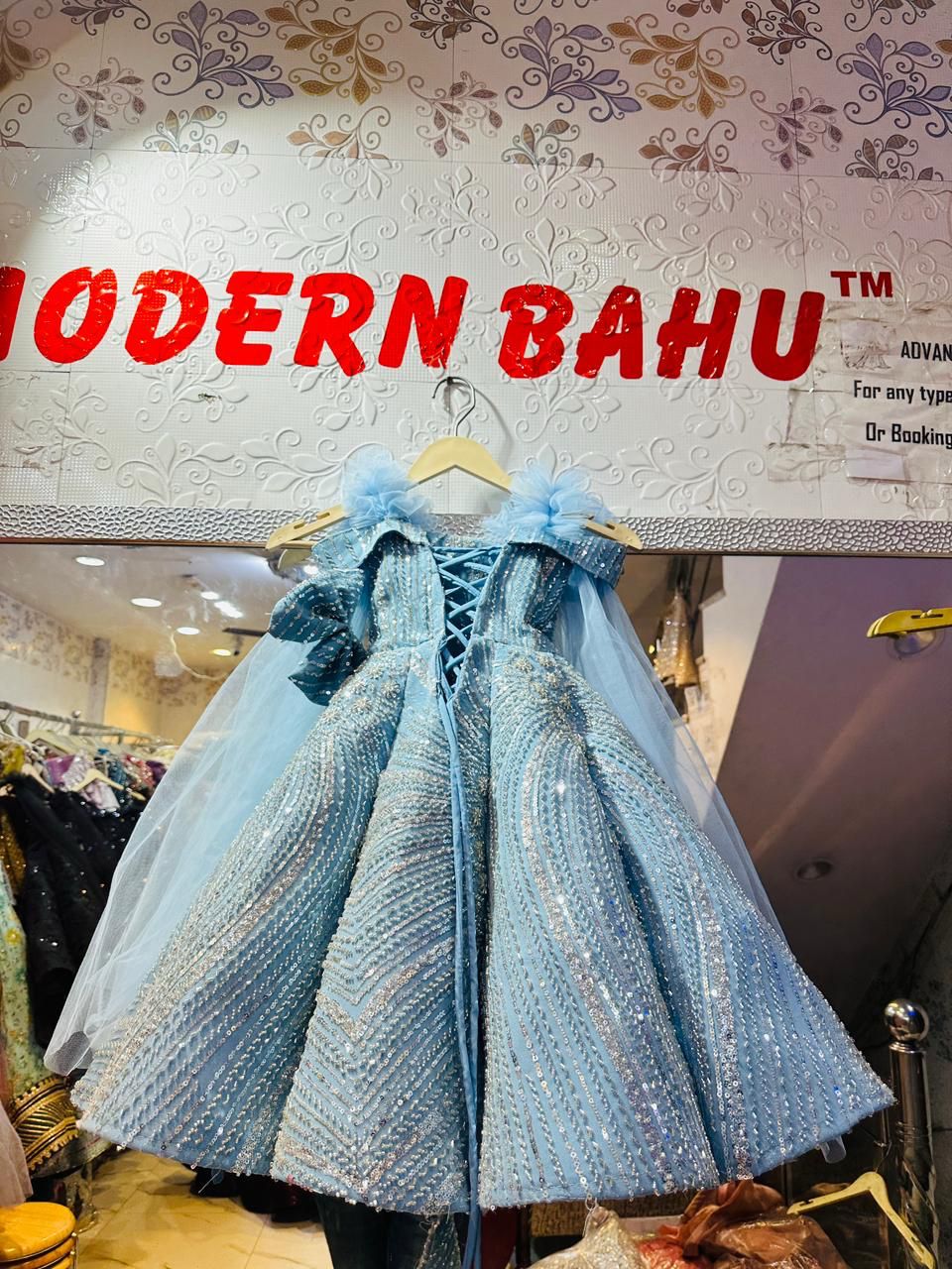 Kids Luxury Sky Blue Sequin Ball Gown | Frozen Theme Off-Shoulder Princess Dress with Cape Sleeves