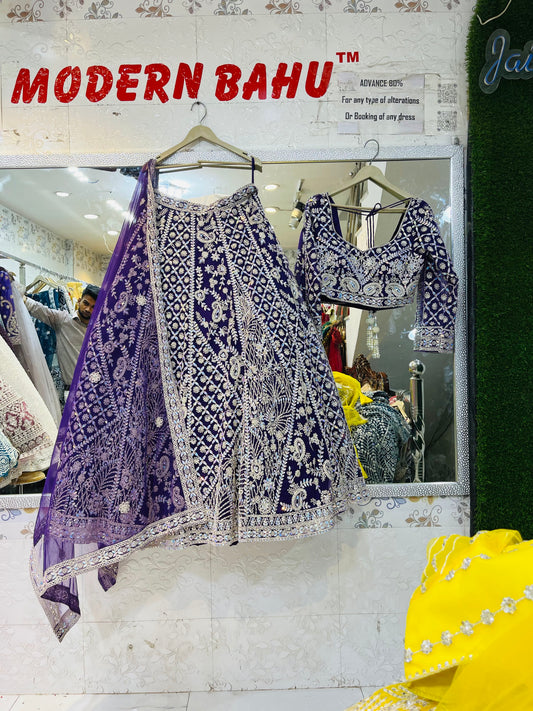 Royal Blue Handworked Crop Top Lehenga with Heavy Flare