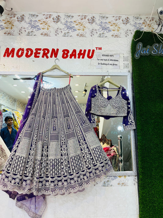 Elegant Blue Crop Top Lehenga with Hand Work and Silver Work Detailing