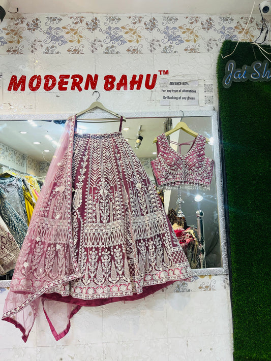 Elegant Pink Crop Top Lehenga with Hand Work & Silver Lining Detailing