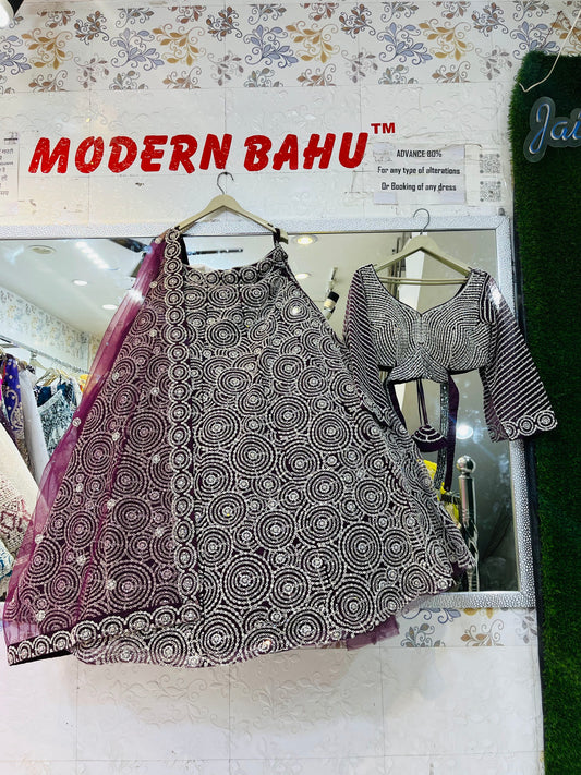 Royal Purple Handwork Crop Top Lehenga with Heavy Flare – Circle Cut Design