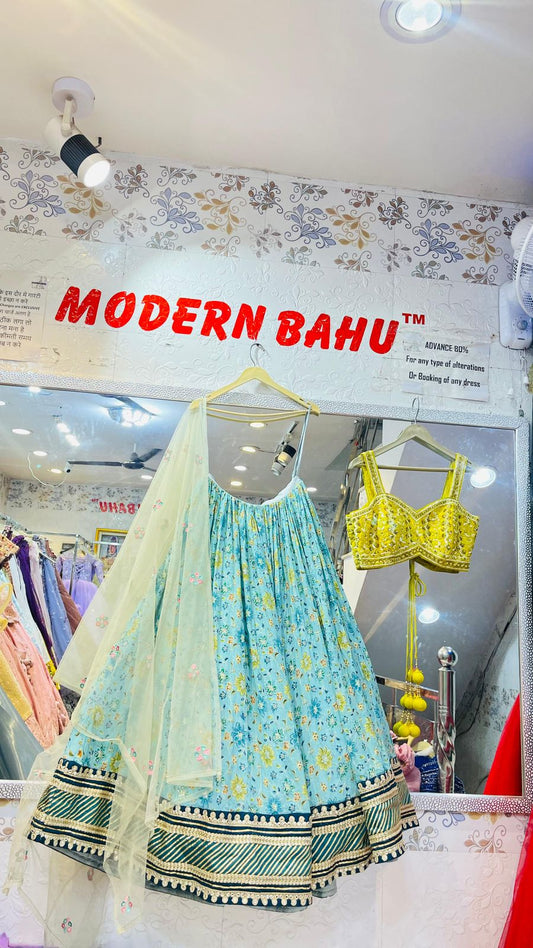 Cyan Blue Floral Printed Lehenga Choli – Bright Yellow Mirror Work Blouse for Haldi & Mehndi