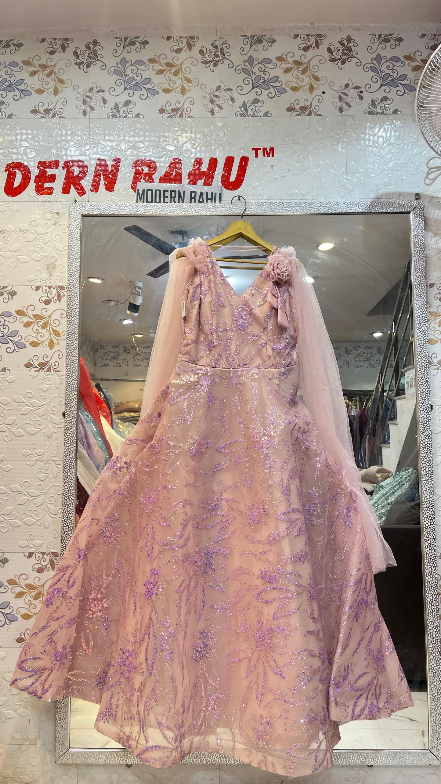 Blush Pink & Lavender Sequin Floral Gown | V-Neck Evening Dress with Sheer Cape Drapes