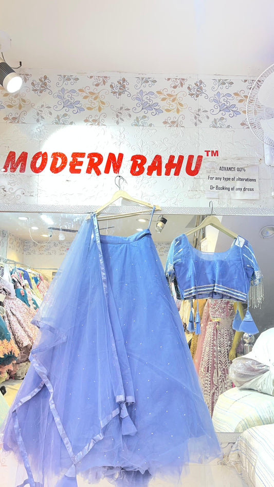 Dreamy Periwinkle Blue Net Lehenga Choli with Heavy Sequin & Fringe Blouse – Party Wear