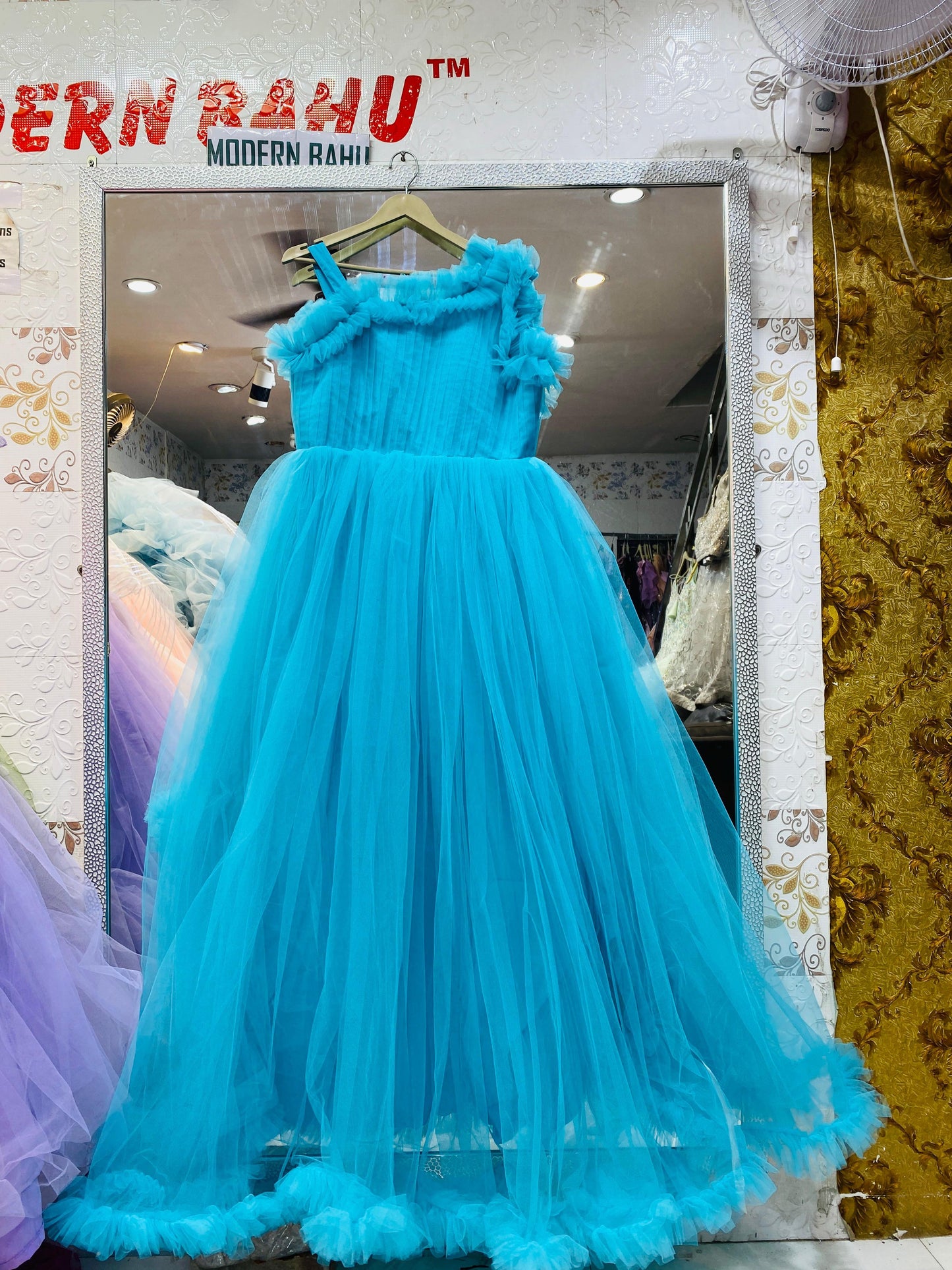 Turquoise Blue Ruffled Tulle Ball Gown – Pleated Bodice Princess Frock for Party & Evening Wear