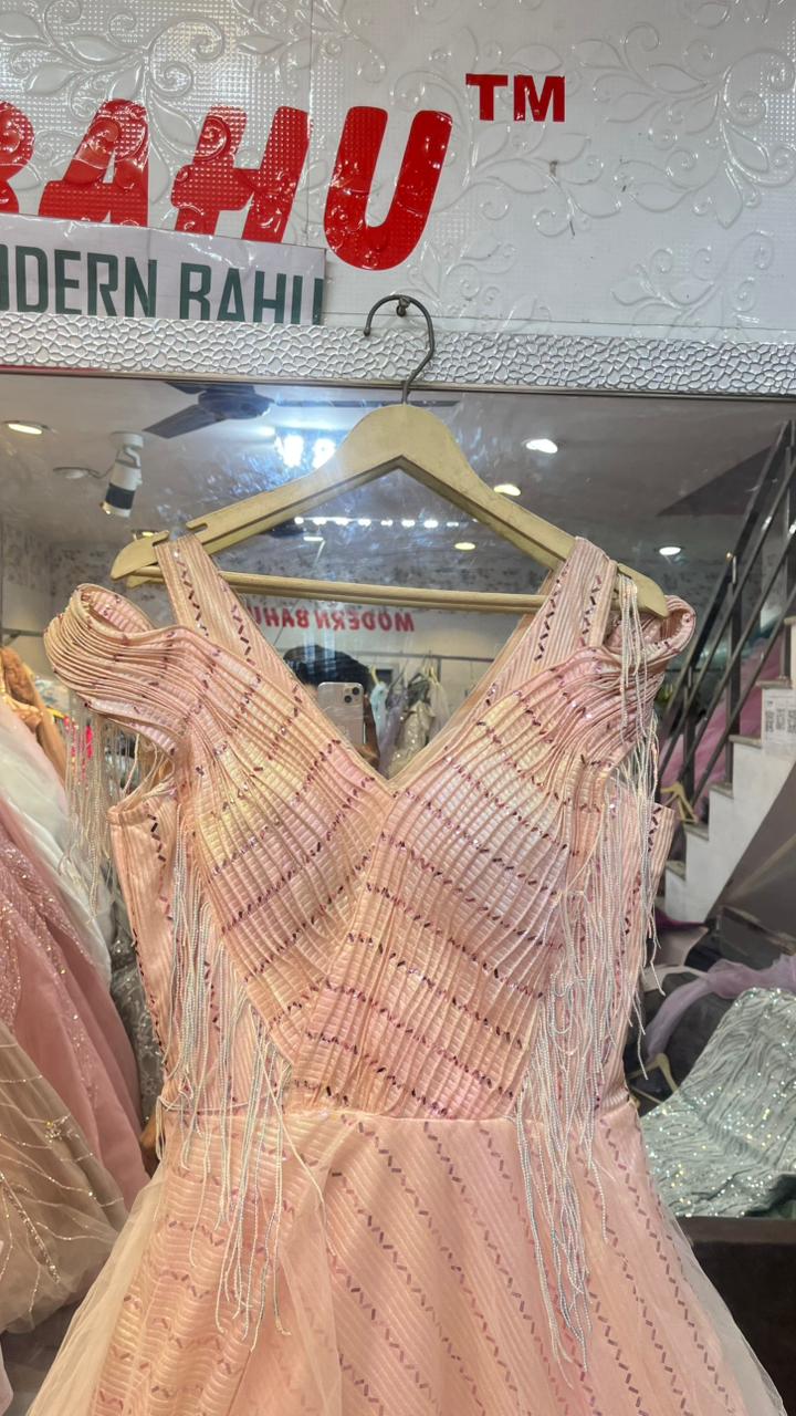 Peach Pink Sequin Tassel Gown | Designer Cold-Shoulder Party Dress with Diagonal Stripes & Fringes