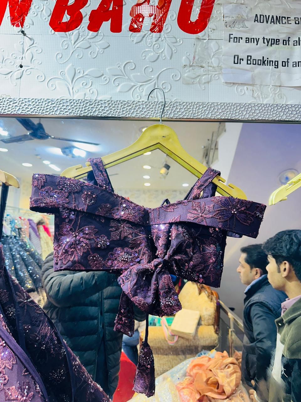 Wine Purple Sequin Floral Lehenga Choli | Off-Shoulder Bow Top Designer Party Wear