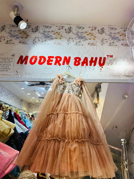 Peach Pearl Embroidered 3-Tiered Net Ball Gown with Ruffled Cape Sleeves