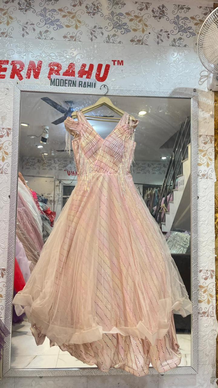 Peach Pink Sequin Tassel Gown | Designer Cold-Shoulder Party Dress with Diagonal Stripes & Fringes