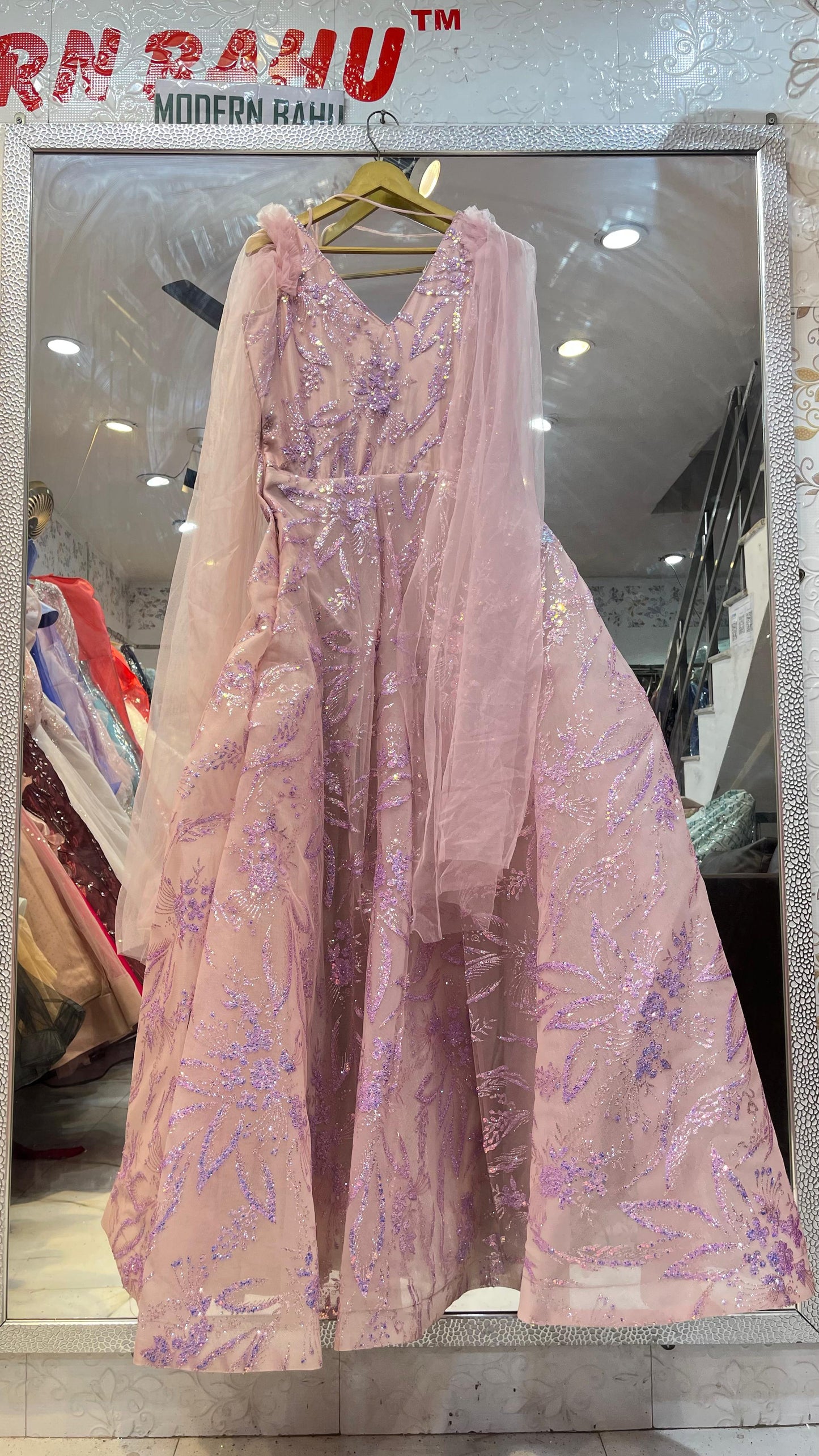 Blush Pink & Lavender Sequin Floral Gown | V-Neck Evening Dress with Sheer Cape Drapes