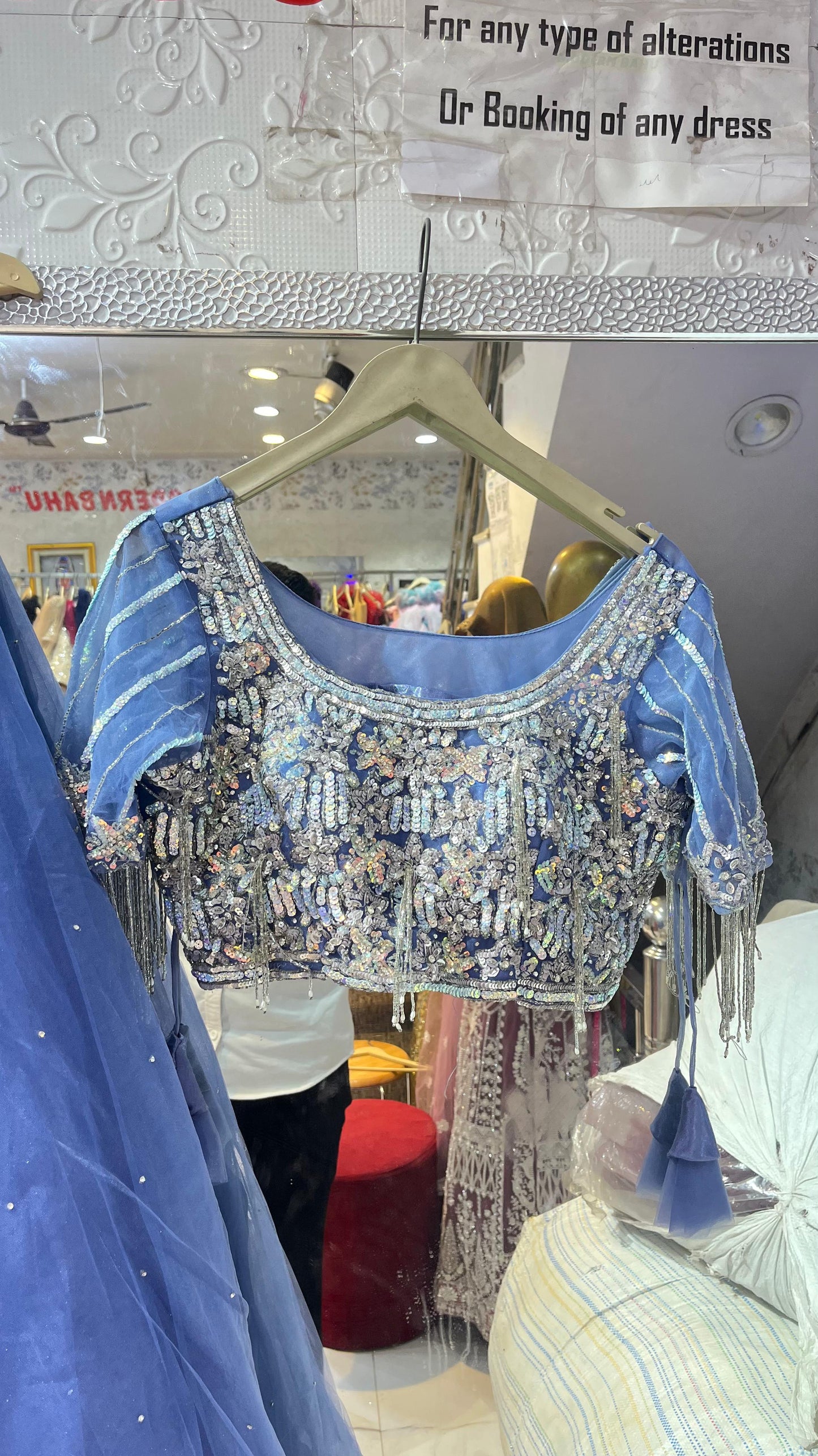 Dreamy Periwinkle Blue Net Lehenga Choli with Heavy Sequin & Fringe Blouse – Party Wear