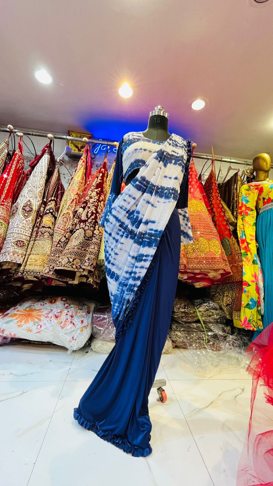 Navy Blue & White Tie-Dye Ready-to-Wear Saree – Sequin Shibori Print Party Gown with Ruffled Hem
