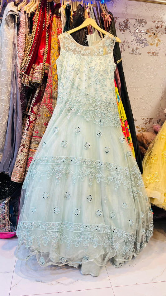 Ethereal Aqua Blue Tulle Gown with Delicate Mirror Work & Floral Vine Embroidery – Pastel Party Wear