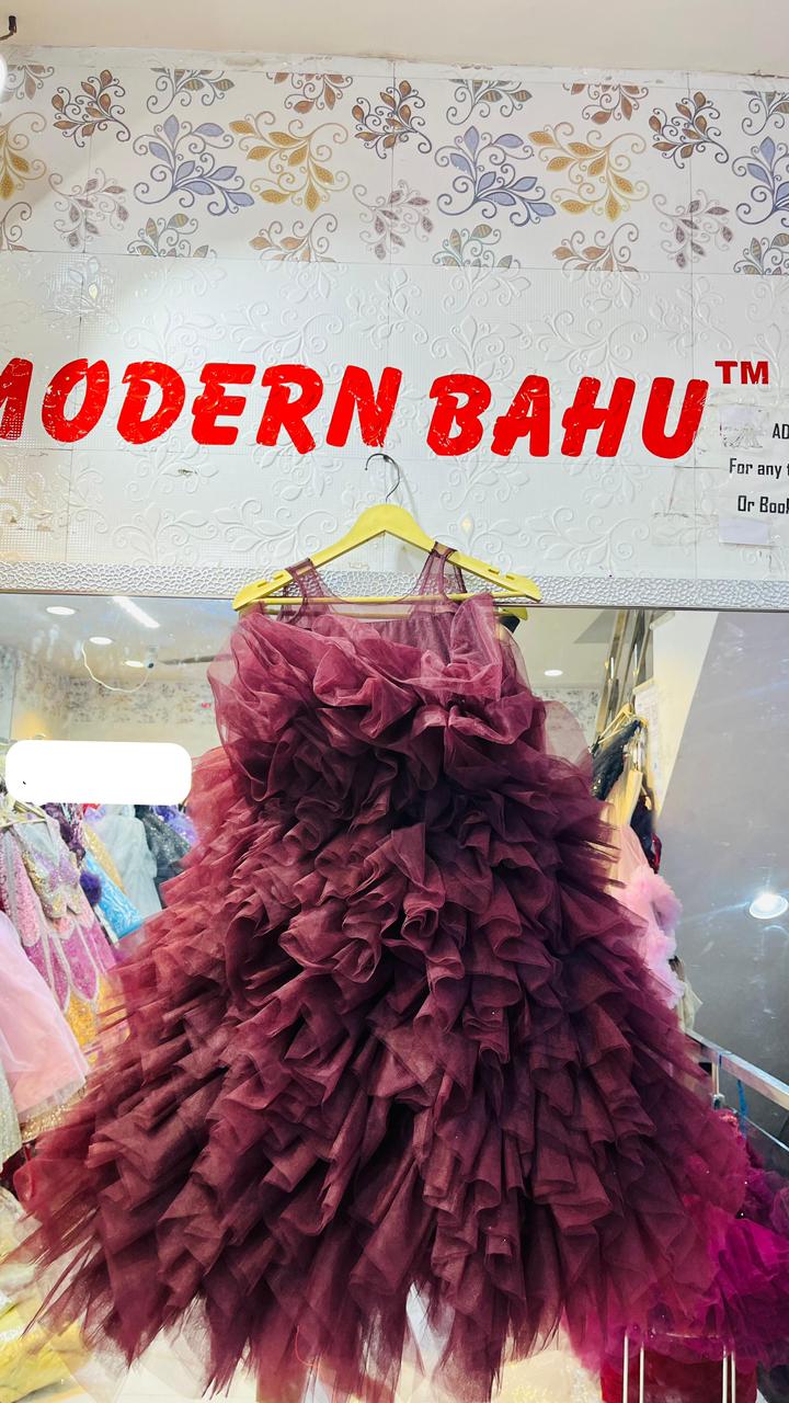Dramatic Wine Plum Tulle Ruffle Frock with All-Over Layered Frills – Voluminous Luxury Party Wear for Girls