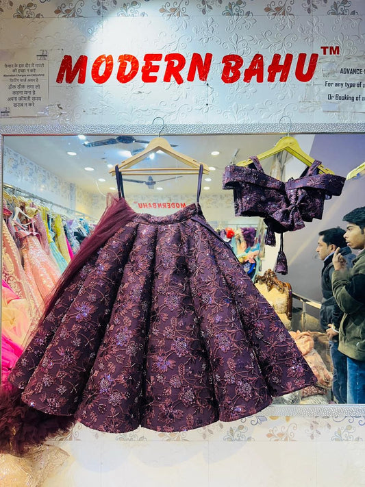 Wine Purple Sequin Floral Lehenga Choli | Off-Shoulder Bow Top Designer Party Wear