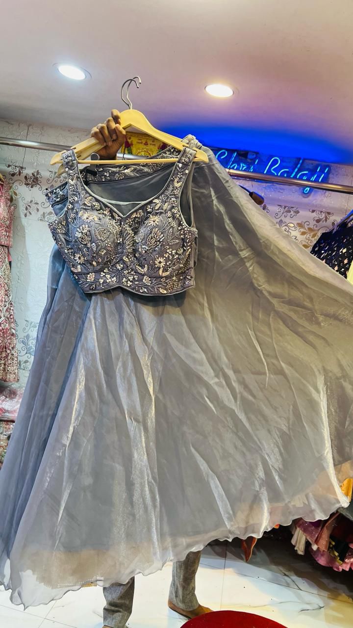 Glamorous Steel Grey Shimmer Tissue Lehenga Choli with Heavy Floral Pearl & Bead Embroidery