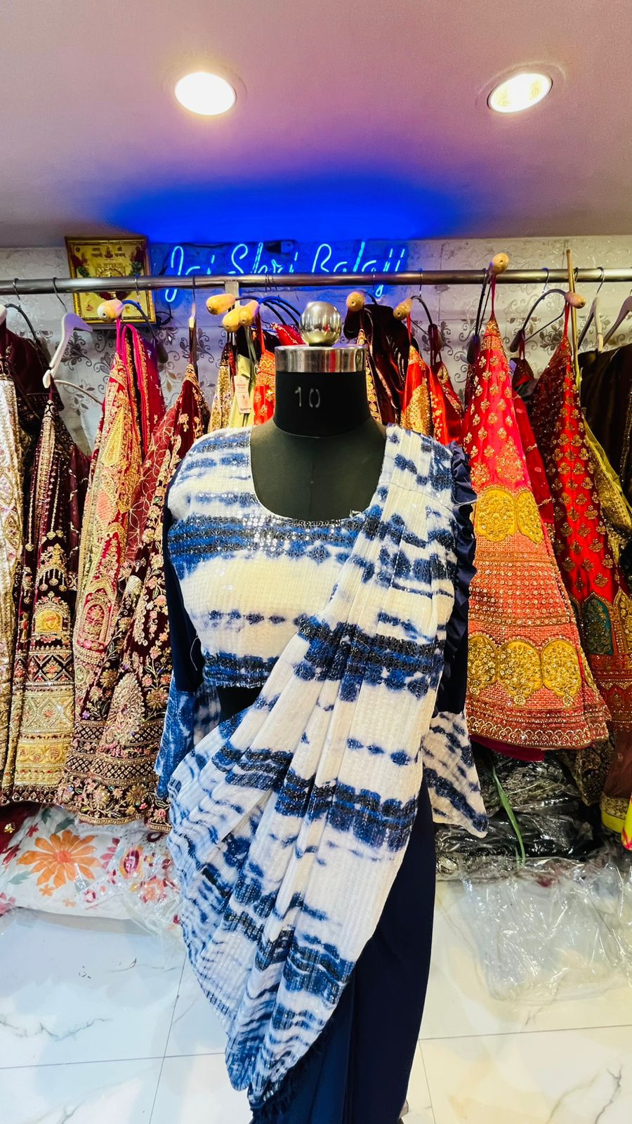 Navy Blue & White Tie-Dye Ready-to-Wear Saree – Sequin Shibori Print Party Gown with Ruffled Hem