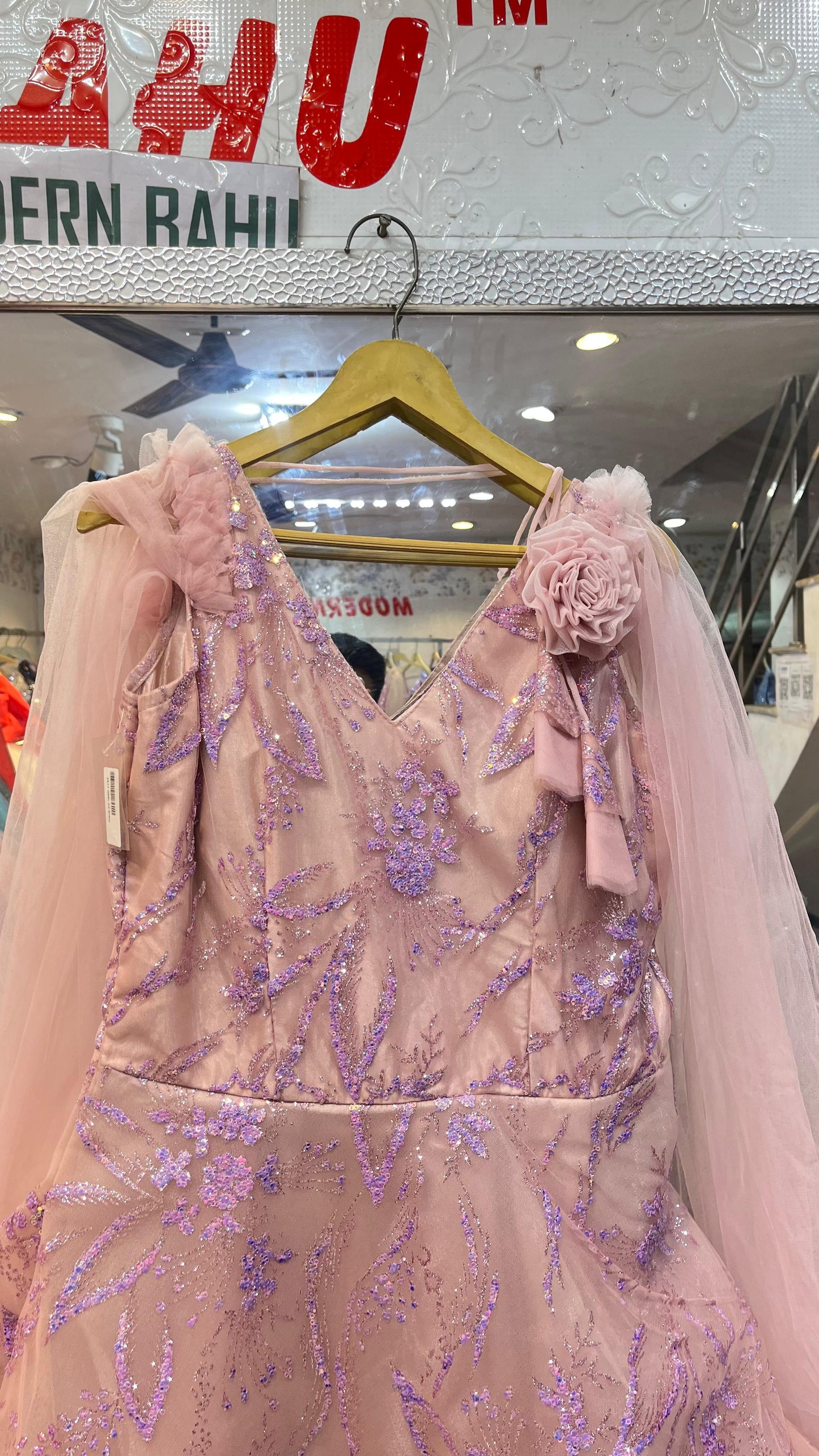 Blush Pink & Lavender Sequin Floral Gown | V-Neck Evening Dress with Sheer Cape Drapes