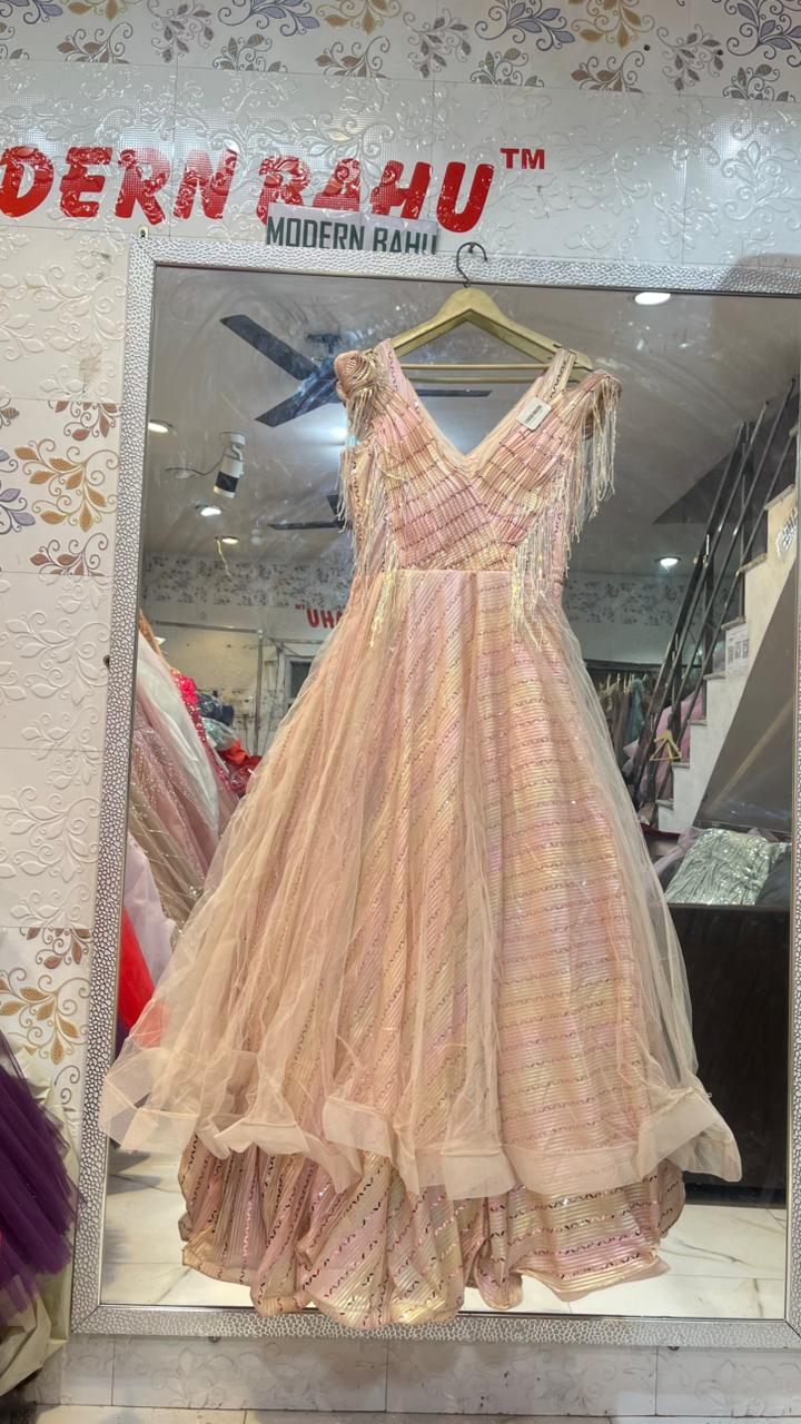 Peach Pink Sequin Tassel Gown | Designer Cold-Shoulder Party Dress with Diagonal Stripes & Fringes