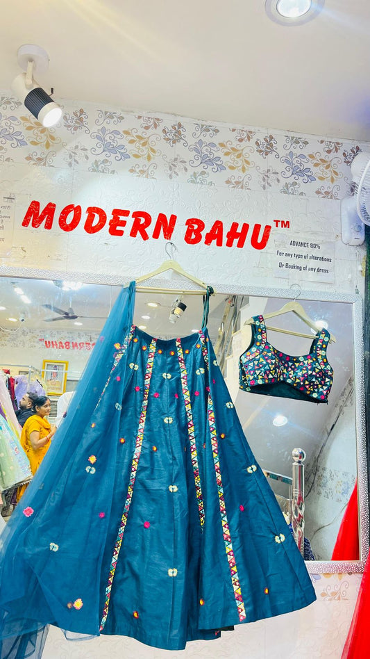 Teal Blue Geometric Embroidered Lehenga Choli – Multicolor Mosaic Blouse for Navratri & Sangeet