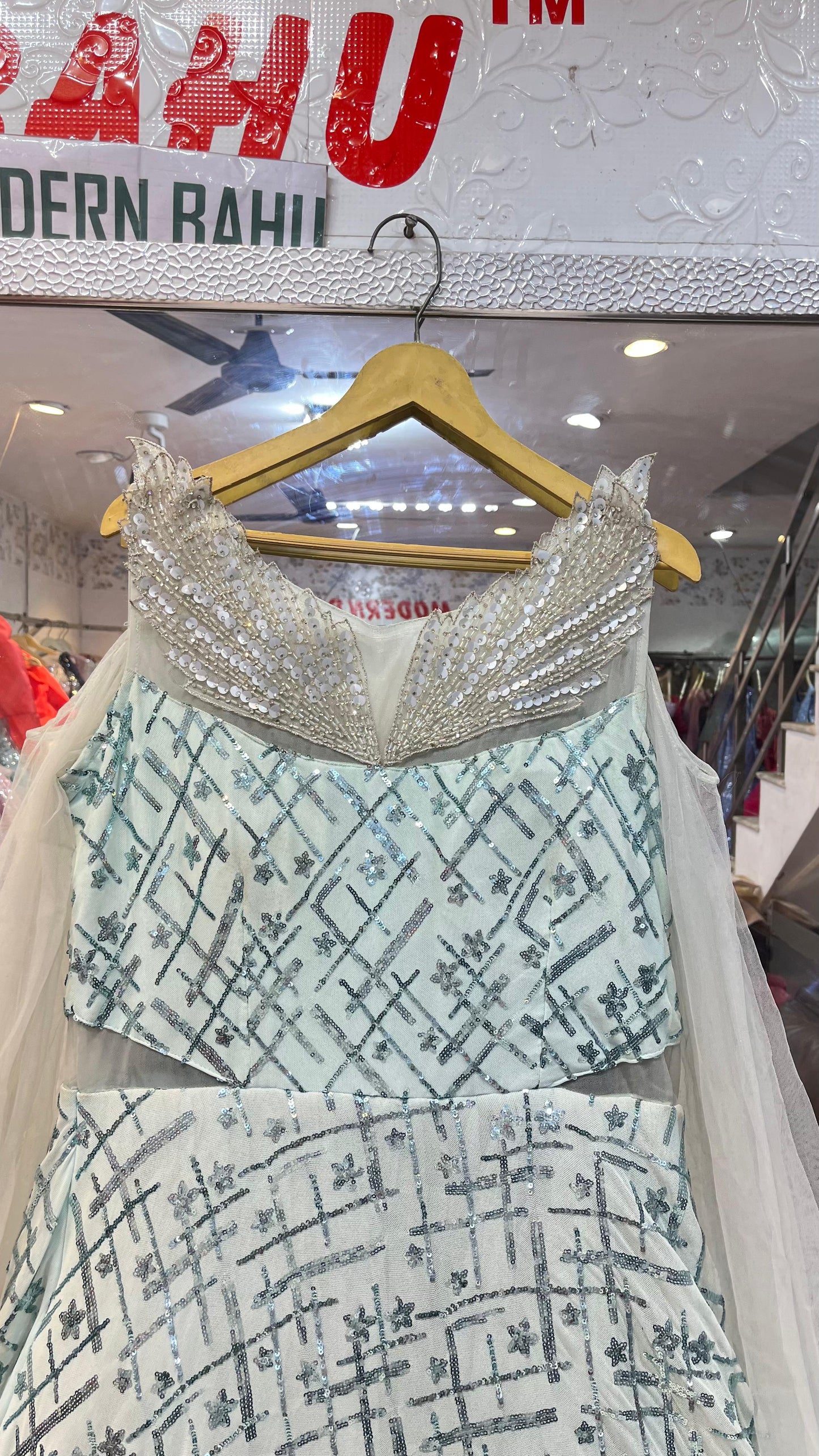 Ice Blue Geometric Sequin Gown | Designer Evening Dress with Crystal Wing Neckline & Sheer Capes