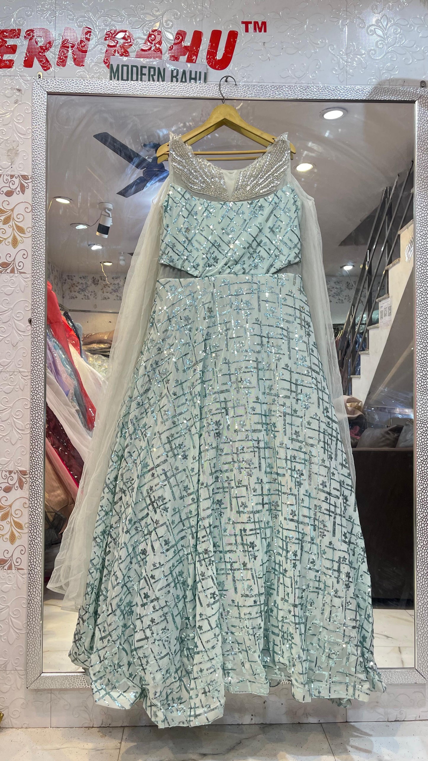Ice Blue Geometric Sequin Gown | Designer Evening Dress with Crystal Wing Neckline & Sheer Capes