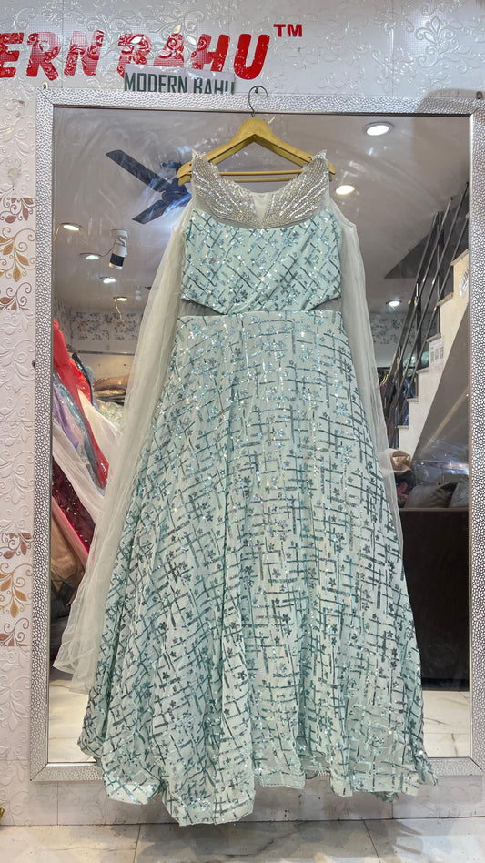 Ice Blue Geometric Sequin Gown | Designer Evening Dress with Crystal Wing Neckline & Sheer Capes