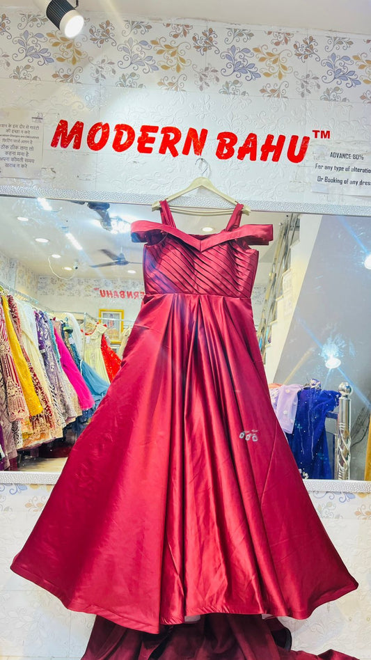 Deep Red Satin Off-Shoulder Ball Gown with Long Train & Corset Back | Luxury Evening & Reception Wear