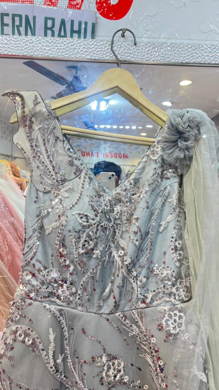 Grey Silver Heavy Embroidered Net Gown | Designer Sequin Party Dress with 3D Flower & Attached Drape