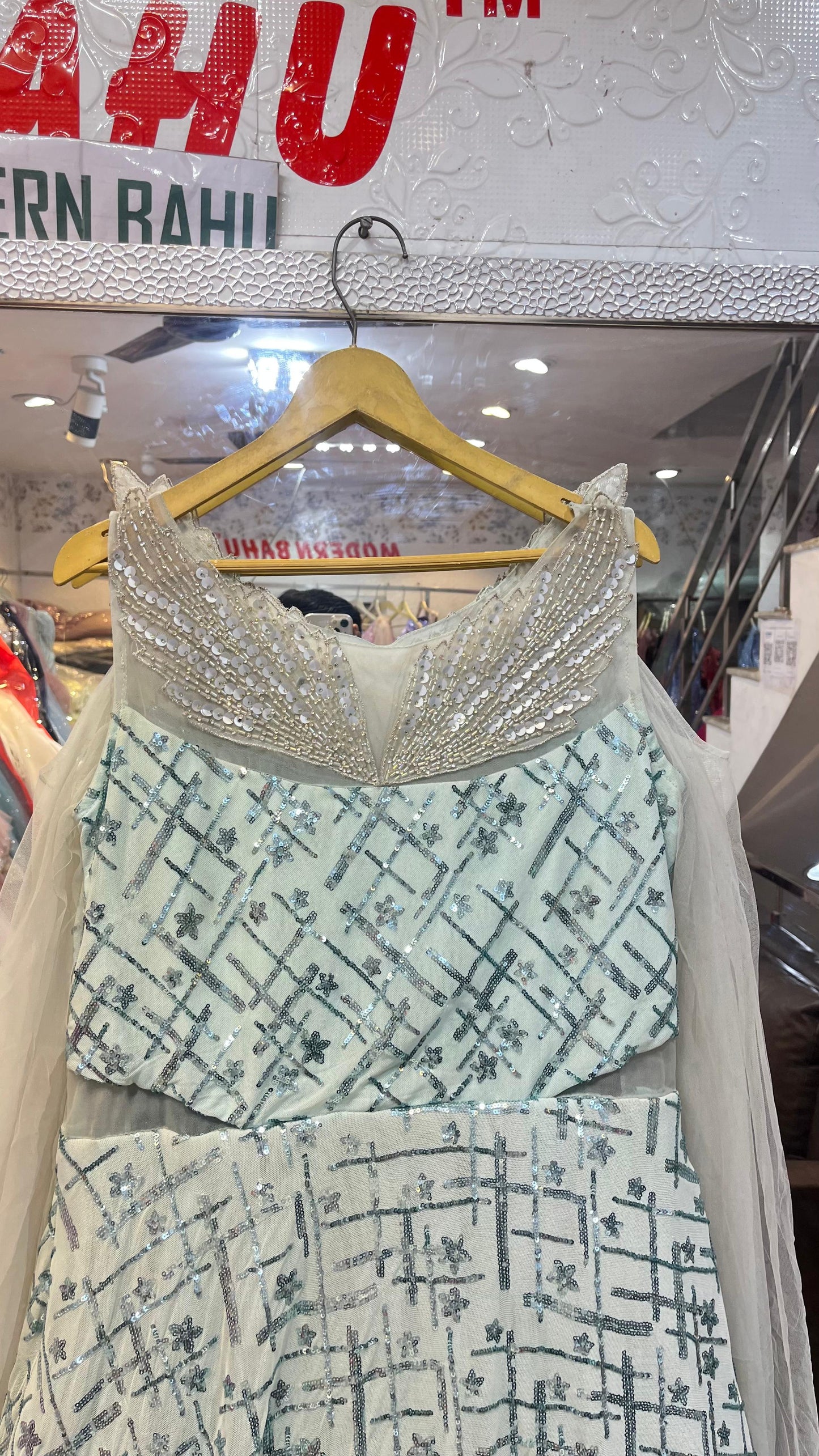 Ice Blue Geometric Sequin Gown | Designer Evening Dress with Crystal Wing Neckline & Sheer Capes