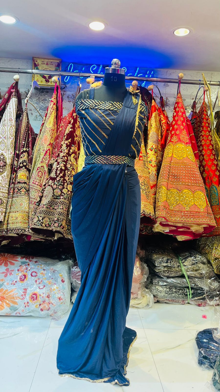 Navy Blue Lattice Neck Ready-to-Wear Saree – Gold Sequin Fusion Gown with Belt & Brooch