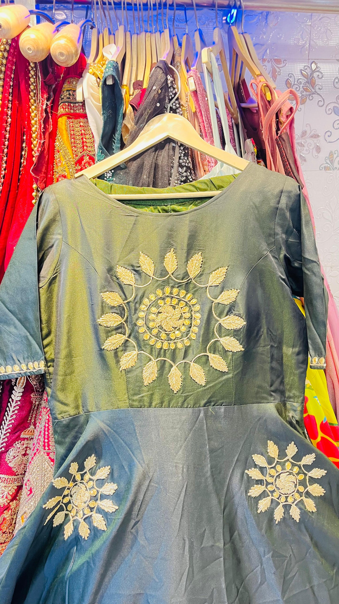 Regal Bottle Green Silk Gown with Gold Sunburst Embroidery – Traditional Ethnic Party Wear