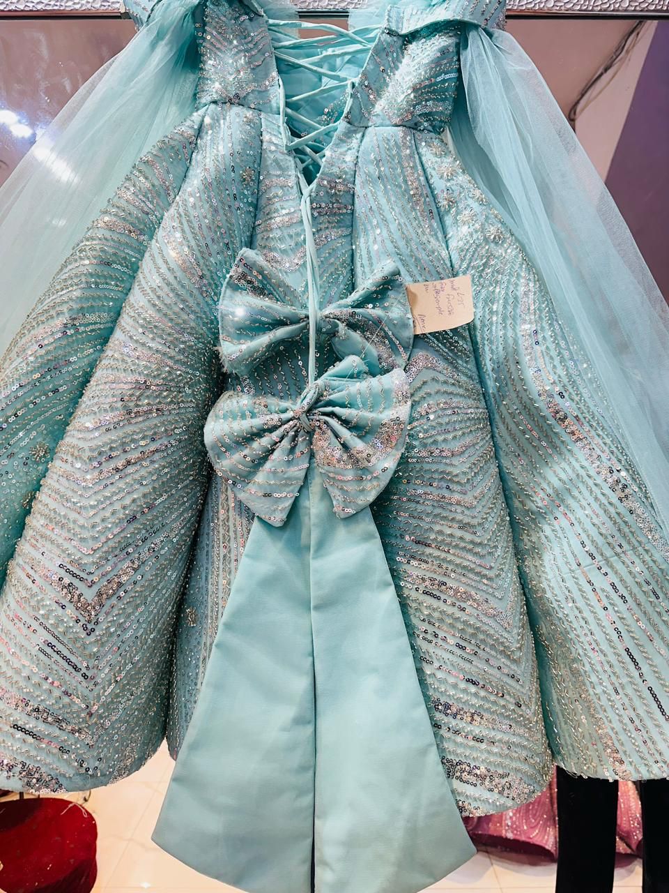 Kids Luxury Teal Green Sequin Ball Gown | Off-Shoulder Princess Dress with Cape Sleeves & Bow Back