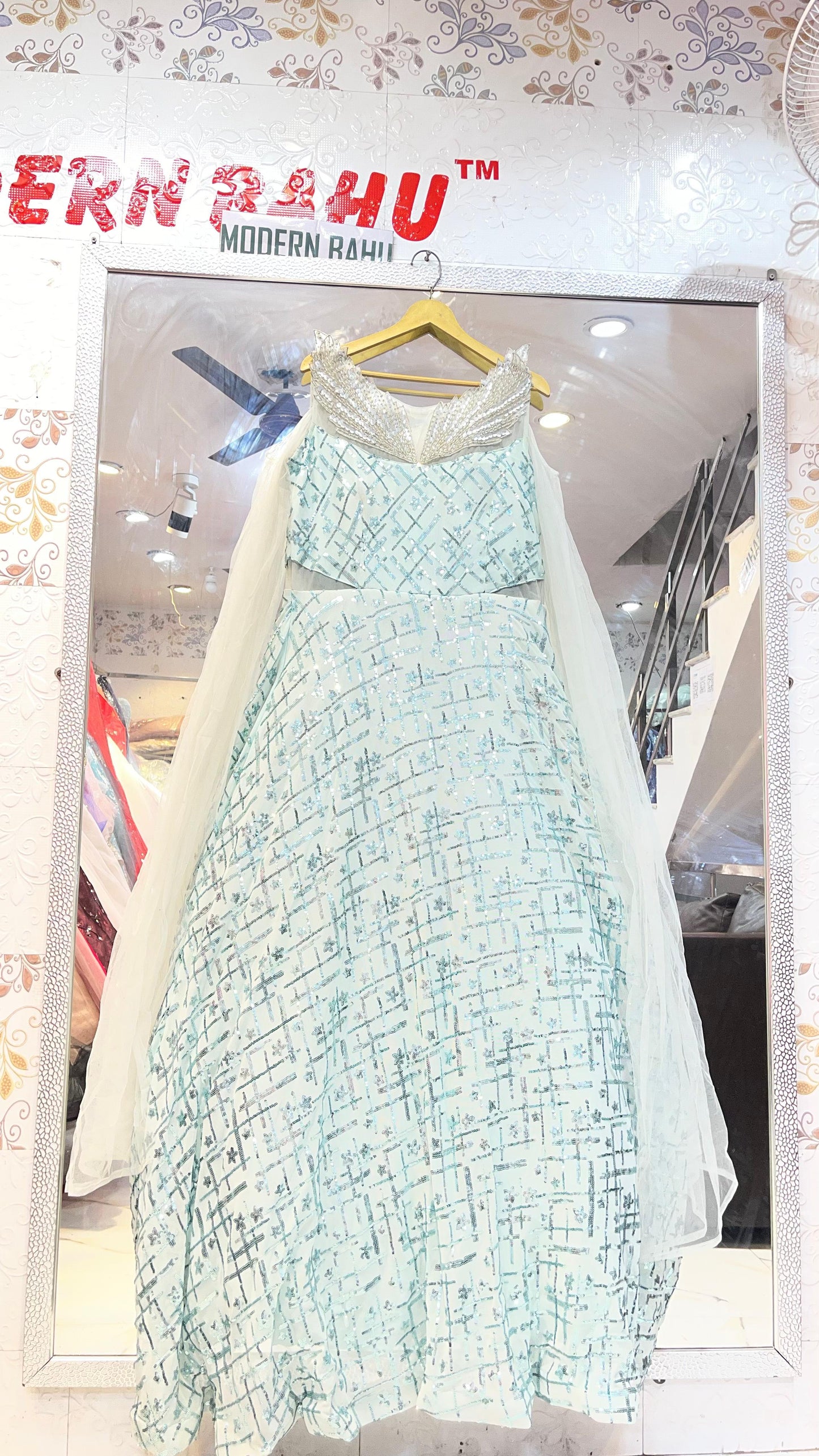 Ice Blue Geometric Sequin Gown | Designer Evening Dress with Crystal Wing Neckline & Sheer Capes