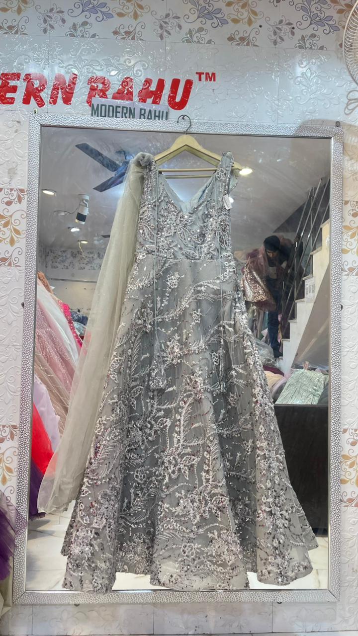 Grey Silver Heavy Embroidered Net Gown | Designer Sequin Party Dress with 3D Flower & Attached Drape