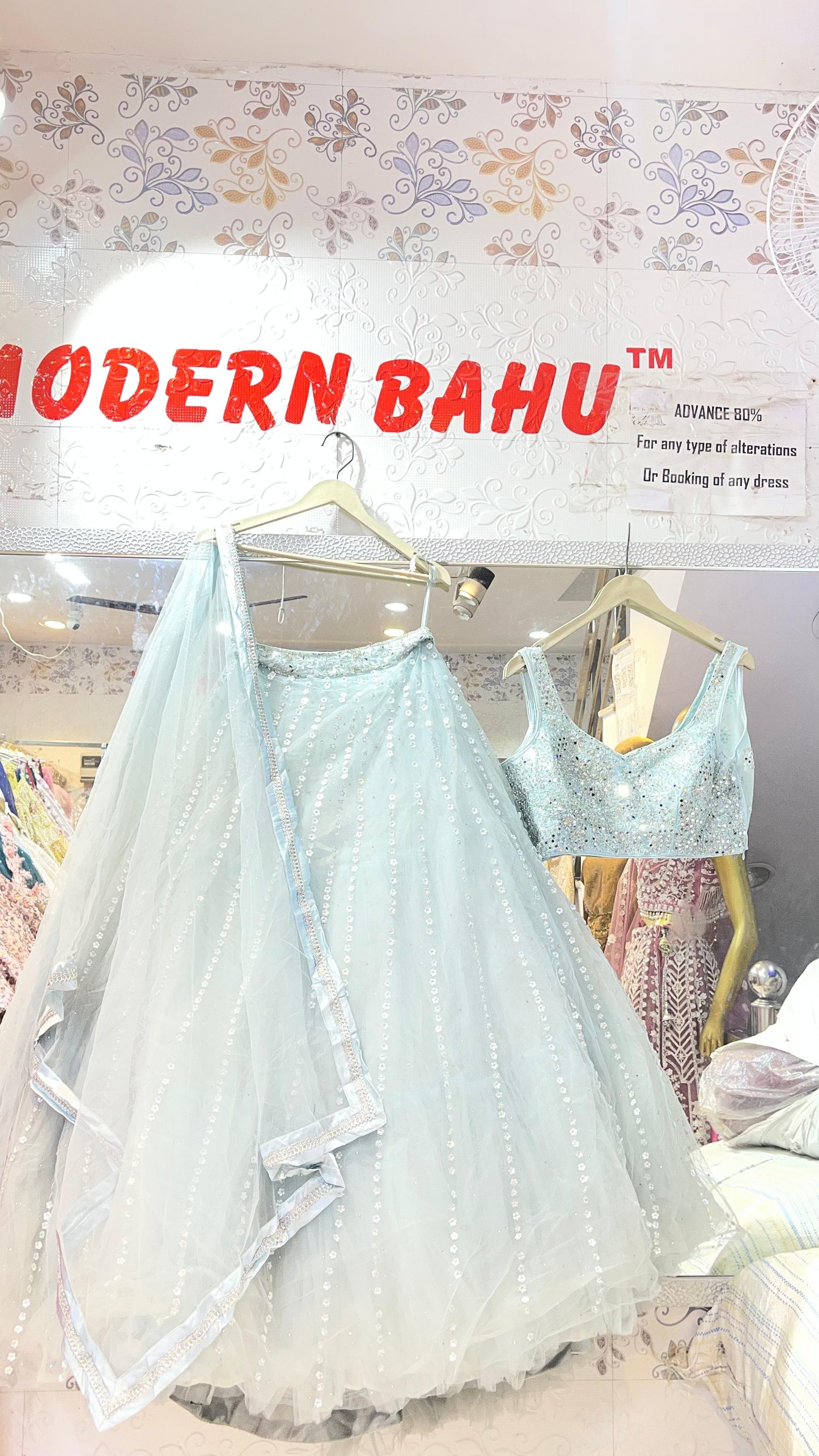Dazzling Ice Blue Net Lehenga Choli with Heavy Silver Mirror & Sequin Embroidery – Party Wear