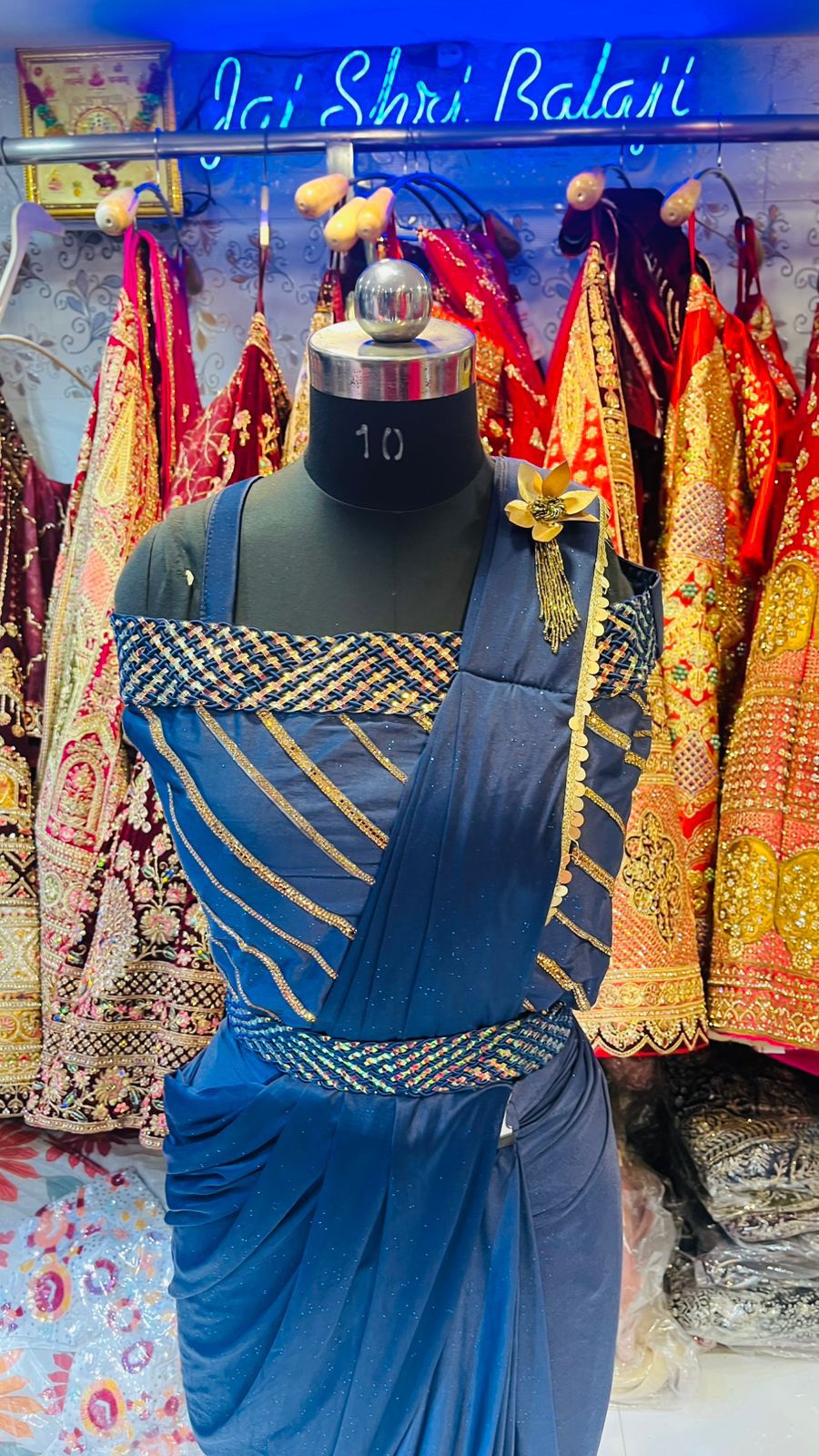 Navy Blue Lattice Neck Ready-to-Wear Saree – Gold Sequin Fusion Gown with Belt & Brooch