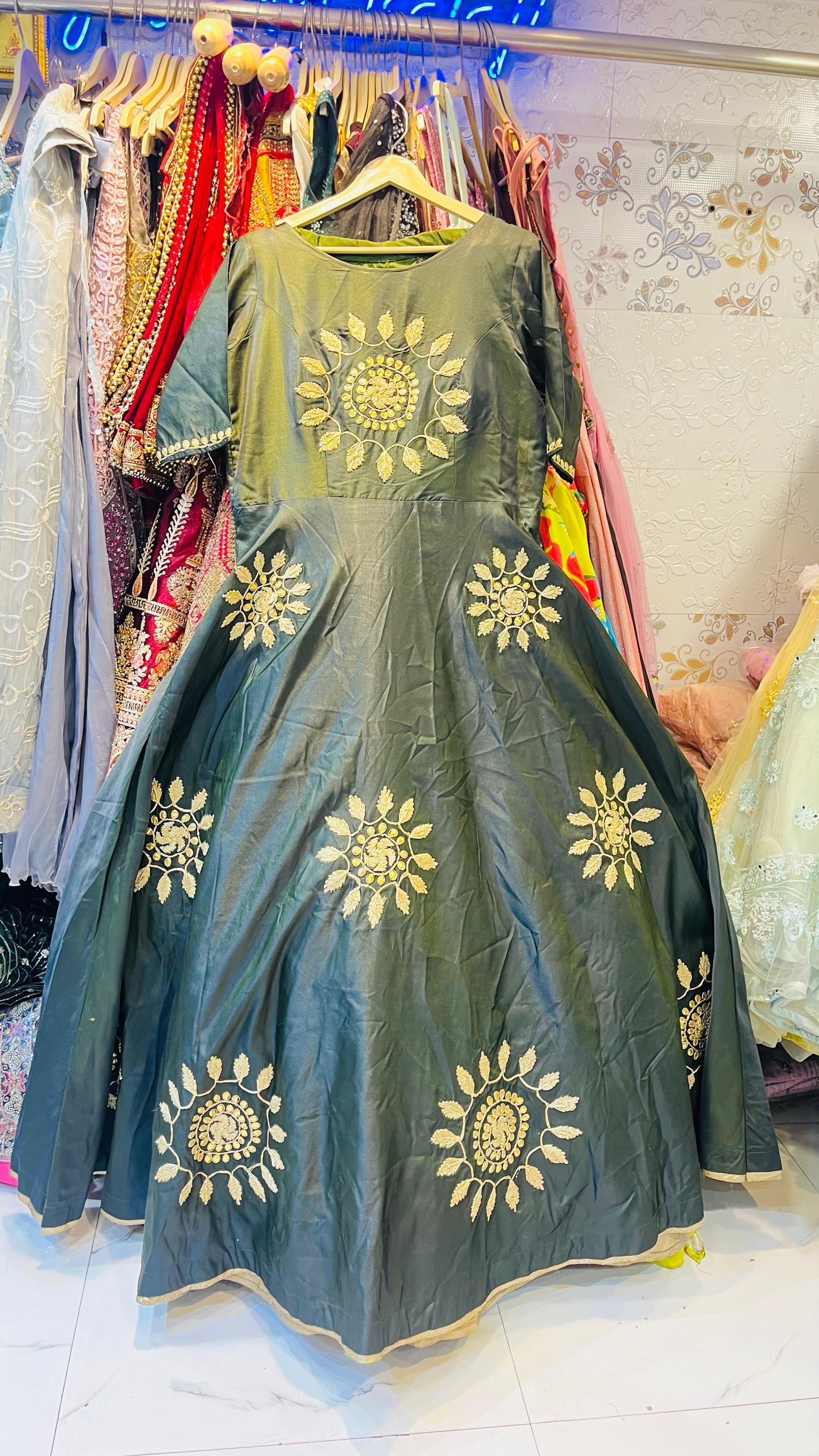 Regal Bottle Green Silk Gown with Gold Sunburst Embroidery – Traditional Ethnic Party Wear