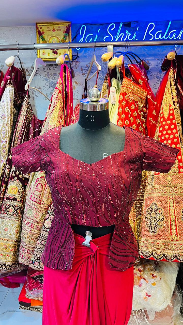 Maroon Sequin Peplum Ready-to-Wear Saree – Wine Red Indo-Western Party Gown