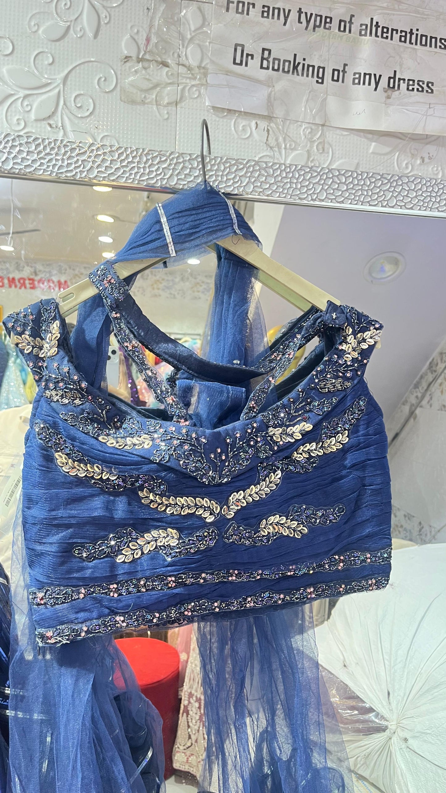Dramatic Navy Blue Ruffled Lehenga Choli with Geometric Sequin Work & Ruched Blouse – Party Wear
