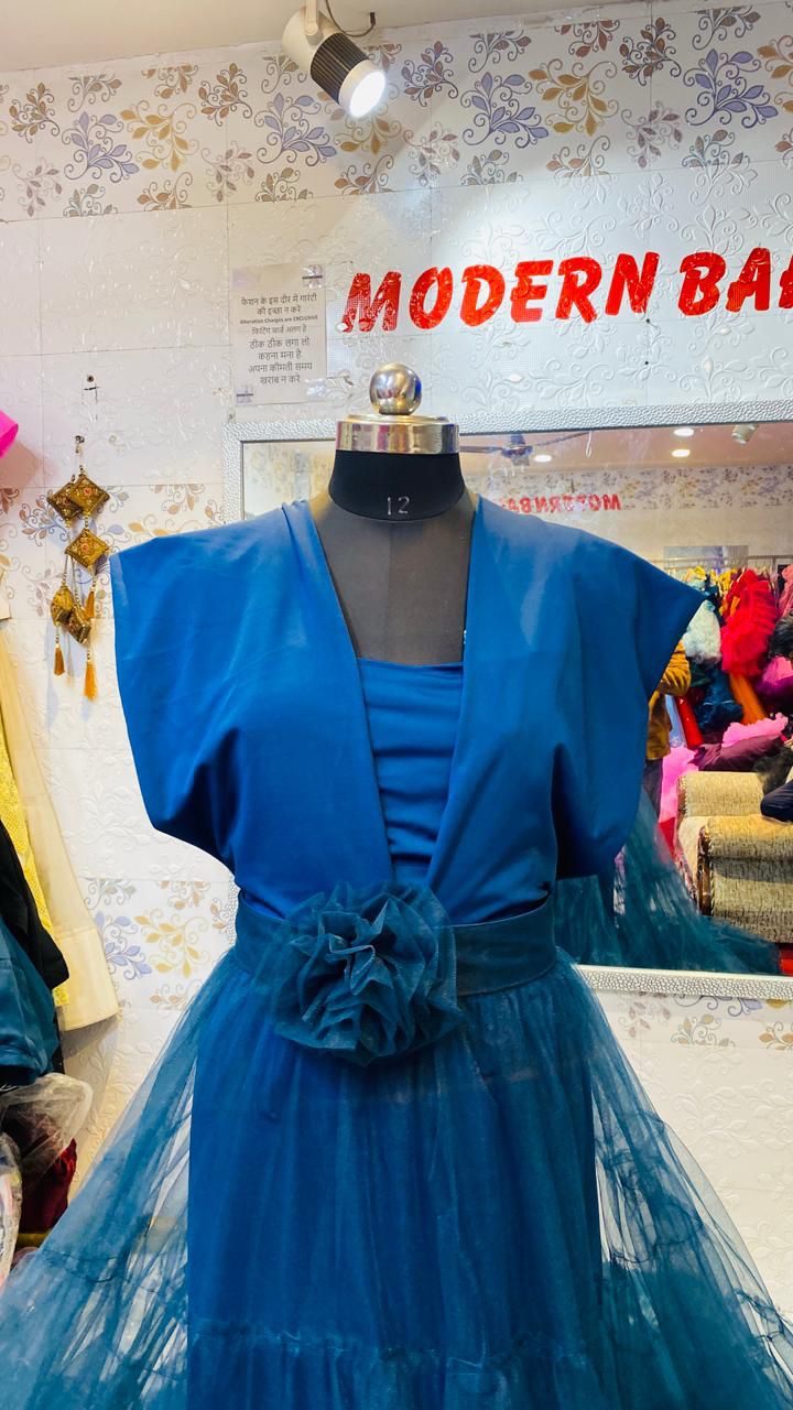 Teal Blue Tulle & Satin Gown with Long Ruffled Train & Floral Waist | Dramatic Evening Wear
