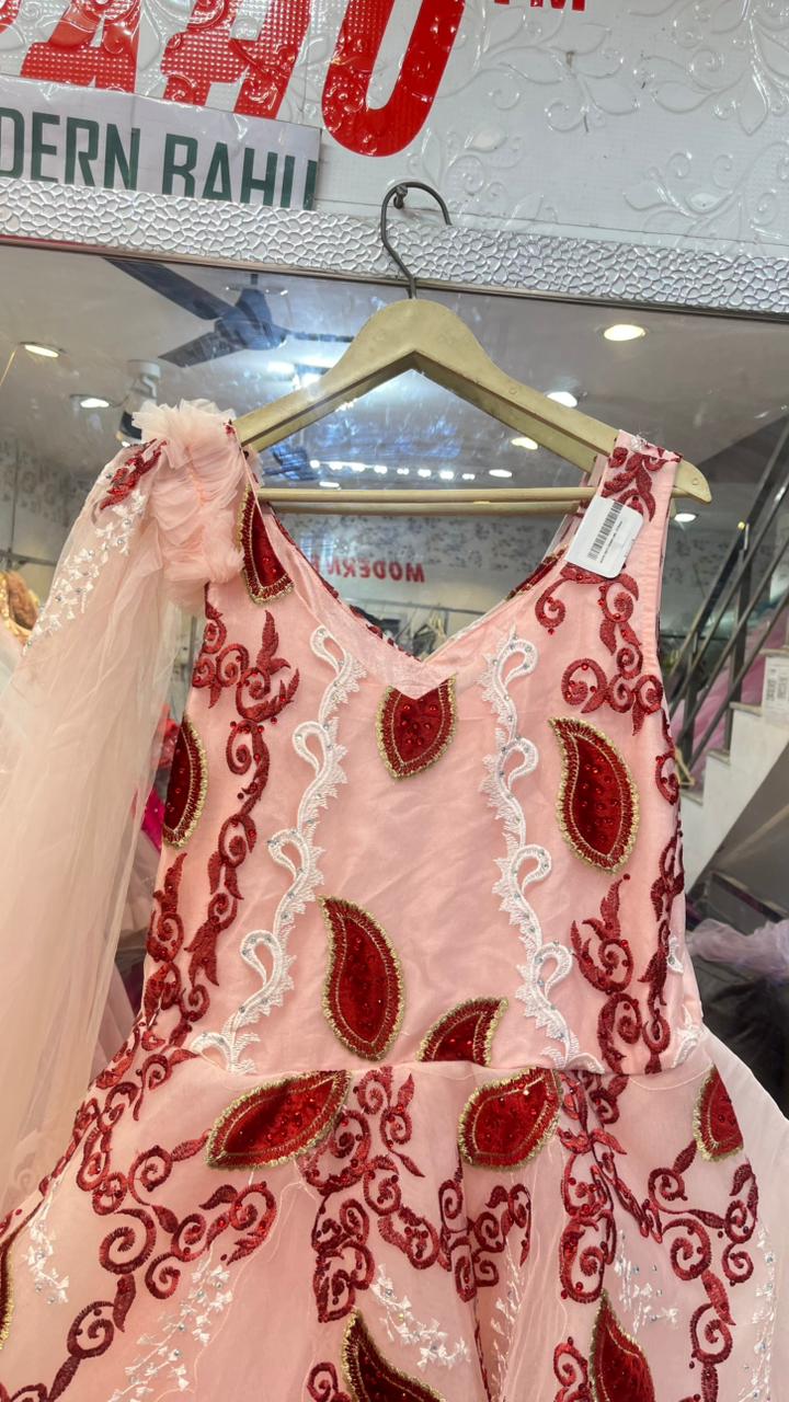 Baby Pink Paisley Embroidered Gown | Designer Party Wear Dress with Red Velvet Motifs & Attached Drape