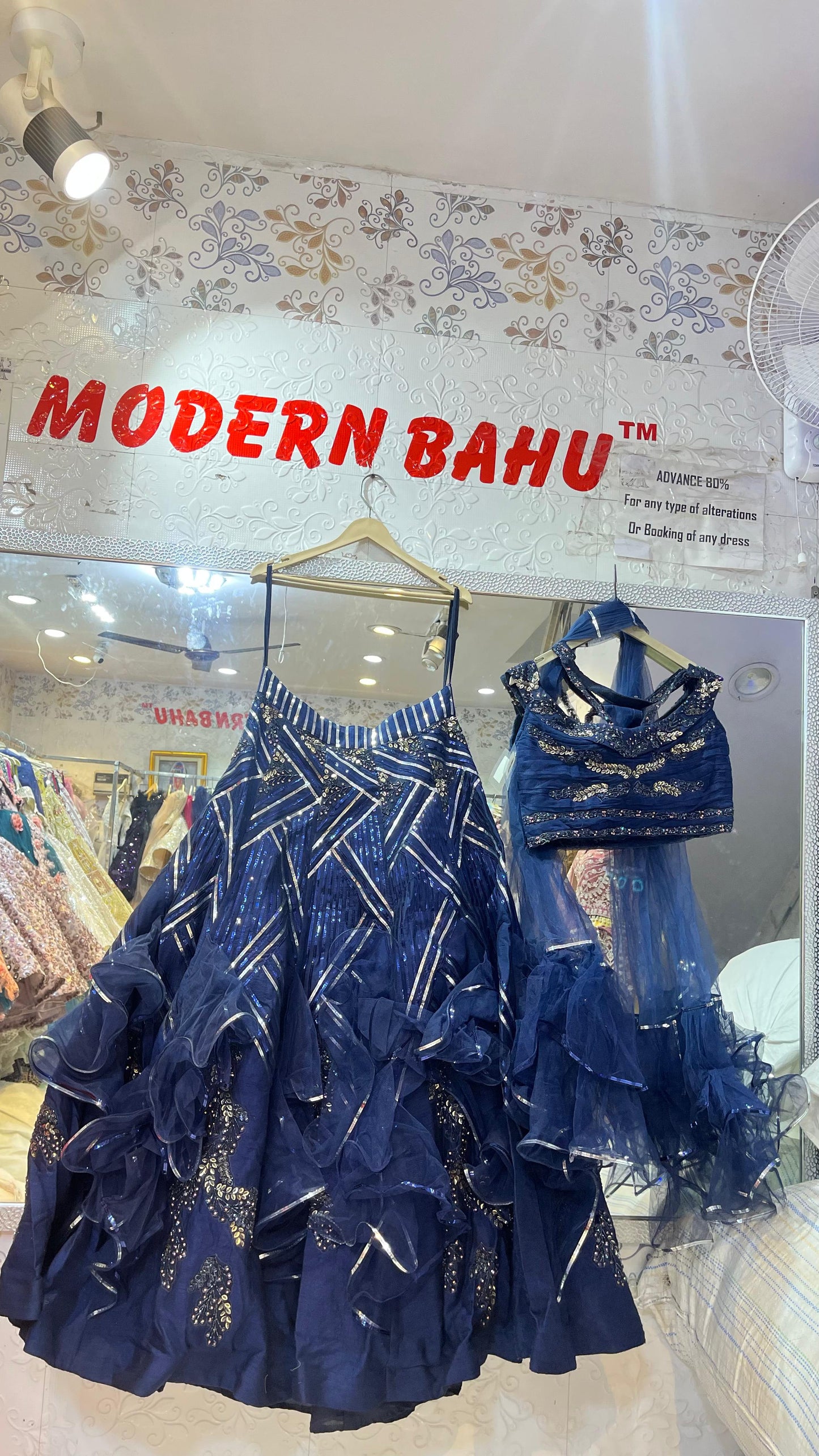 Dramatic Navy Blue Ruffled Lehenga Choli with Geometric Sequin Work & Ruched Blouse – Party Wear