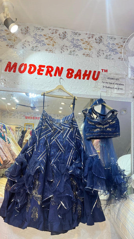 Dramatic Navy Blue Ruffled Lehenga Choli with Geometric Sequin Work & Ruched Blouse – Party Wear
